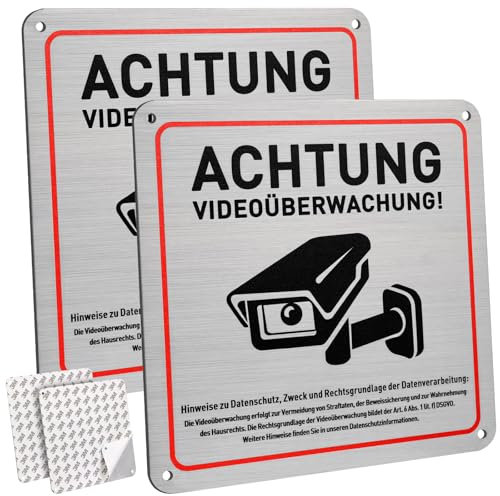 Luxoraiova 2 Stück Schild Videoüberwachung privatgrundstück, 15 x 15 cm Aluminium Aufkleber Videoüberwachung mit Selbstklebend und 4 Bohrlöcher, Achtung Videoüberwachung Schild für Innen und Außen