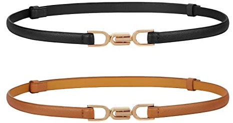 WHIPPY 2er-Pack schmaler Taillengürtel für Damen Verstellbarer dünner Gürtel Schmaler Ledergürtel mit Gold metallschnalle für Kleid,Schwarz Braun 120cm