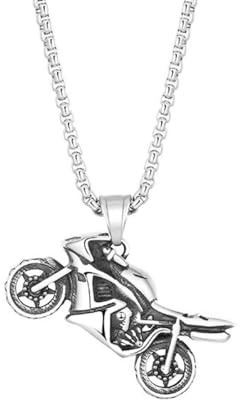 meberg Collana con ciondolo per moto, da uomo, in acciaio inox, argento, 70 cm