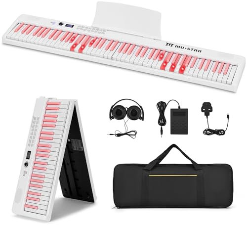 MUSTAR 88 Key Piano Keyboard with Lighted Up Keys, Foldable Electric Piano Keyboard Semi-Weighted, Portable Digital Piano for Beginners, Bluetooth, USB MIDI, Headphones, Case, Sustain Pedal (Pink)
