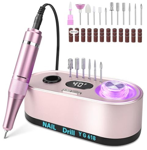 Ponceuse pour Ongles Professionnelle 40000 RPM 36 W, Urbuti 12 en 1 Ponceuse Ongles Portable avec Écran LCD & Support, Lime à Ongle Electrique Silencieux, Kit Manucure Pédicure pour Salon/Maison-Rose