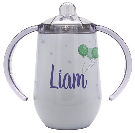 Marquage Unique Tasse d'Apprentissage Personnalisée pour Bébé, Double Poignée, Couvercle Anti-fuite, Motif Montgolfière et ballons, Gobelet Isotherme avec Prénom