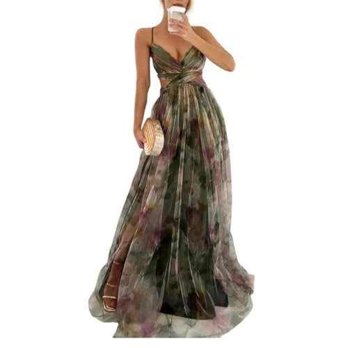 Robe De Soirée Longue Ete Dentelle De Cérémonie Maille Robe Femme Chic Et Elegant Fleurie Fluide Vetement Ete sans Manches Cocktail Légère Coton Summer Dress(Vert foncé,M)
