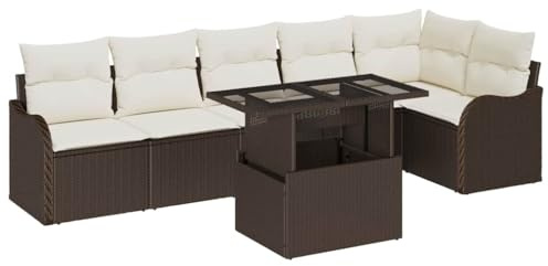vidaXL Garten-Sofa-Set mit Kissen 7 pcs Braun Poly Rattan, Modulares Garten- und Terrassen-Sofa-Set, robuster Rattan, rechteckiges Design, verstellbare Füße für Gemütlichkeit