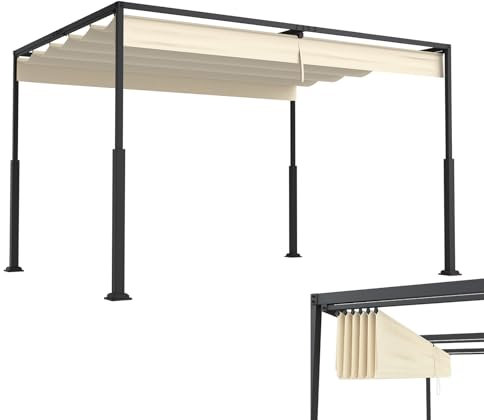 LZQ Pergola Pavillon 3x4 m mit stabilem Stahlrahmen und verstellbarem Schiebedach, Terrassendach aus PA-beschichtetem Polyester, wetterbeständiger Sonnenschutz für Garten und Terrasse (Beige)