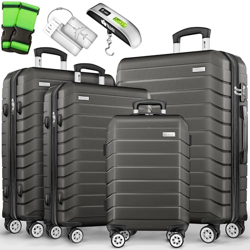 tillvex® Reisekoffer Set 4-teilig + Gepäckwaage, 8X Koffergurte & 4X Kofferanhänger | Kofferset 4 Rollen | Trolley Gepäck Koffer TSA Schloss | Hartschalenkofferset S-M-L-XL