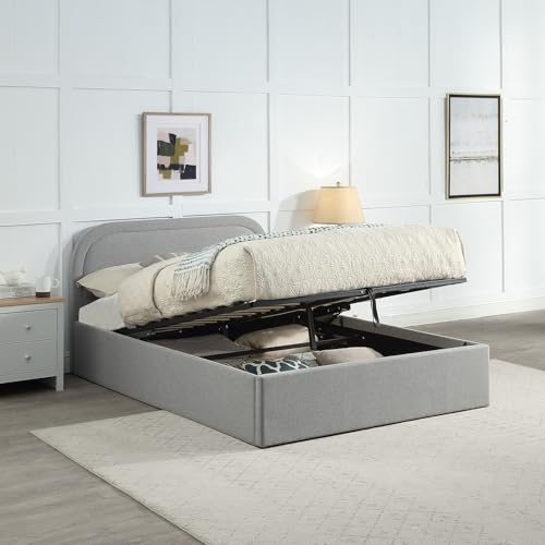 Home Treats Ottoman Bed With Hybrid Mattress Curved Gas Lift Grey Linen Fabric Upholstered Storage Bed Padded (Hybrid Mattress, King Size)