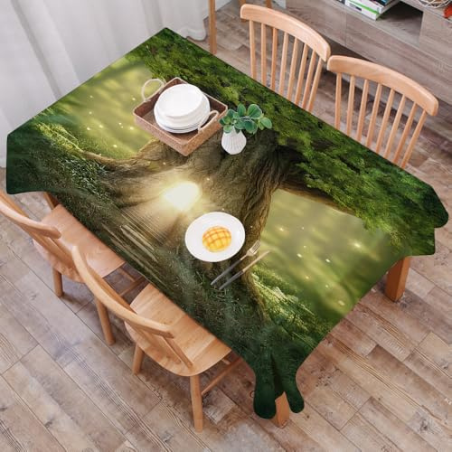 DALEXHM Tischdecke Abwaschbar Rechteckig 137x183 cm Tischtuch Tafeldecke Kratzfest aus Polyester Pflegeleicht für Küche,Party,Mystische Fee Baum des Lebens Zauberwald Mystische Lichter Digi