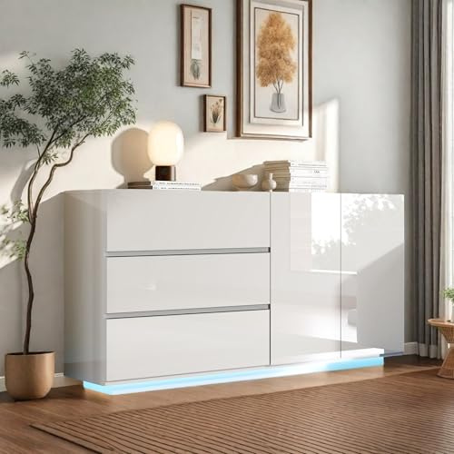 Sideboard mit 4 Türen, Hochglanz Anrichte mit 2 Schubladen und Stauraum, Modernen Wohnzimmerschrank für Wohnzimmer und Schlafzimmer, Minimalistisches Design, 160x35x76cm, Weiß (Weiß, 160x35x76cm)