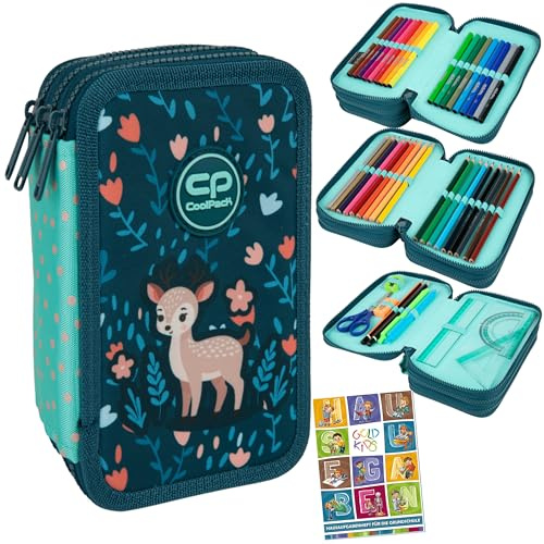 Goldkids - Federmäppchen 3 Fächer - Mäppchen für Mädchen und Jungen - Federmappe 3-Fach Federtasche Gefüllte Schüleretui Schulmäppchen und Hausaufgabenheft - Deer Motiv