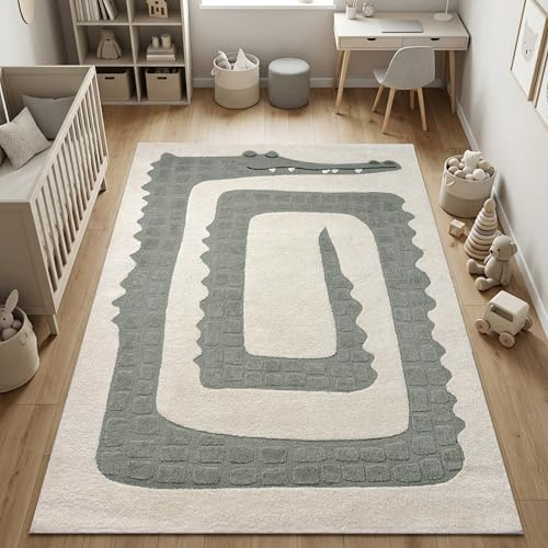 CARPETIA Kinderteppich Designteppich Kinderzimmer modernes Krokodil Motiv Kurzflor weich Hoch Tief Struktur Relief Optik pflegeleicht stilvoll Creme Grün 200 x 290 cm