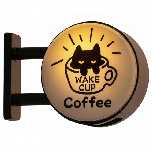 LED Light Sign Mini Fridge Magnet, Cute Cat & Coffee Cup Design Refrigerator Magnet with Warm Glow, Battery-Operated Decor for Kitchen, Office, Round