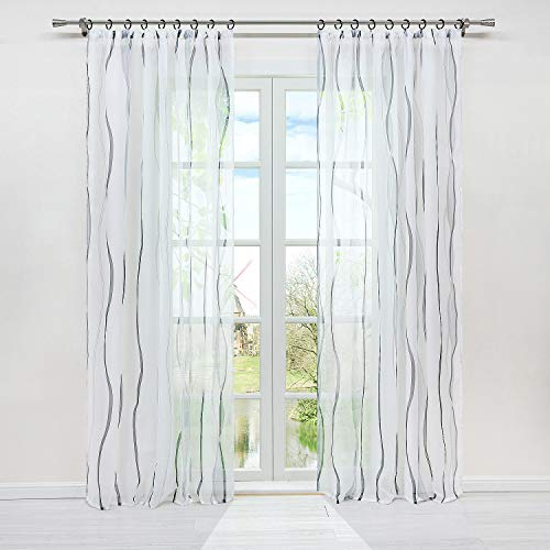 HongYa 1er-Pack Voile Gardine Transparenter Vorhang mit Kräuselband Wellen Druck H/B 175/140 cm Weiß Silber