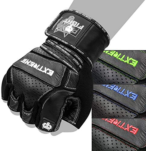 FOX-FIGHT Fitnesshandschuhe Trainingshandschuhe Kraftsport Damen Herren Leder Handschuhe Bodybuilding Sporthandschuhe mit Handgelenkbandage für Krafttraining Gewichtheben Extreme (schwarz, L)