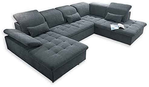Stella Trading WAYNE Wohnlandschaft in U-Form, Stoffbezug Anthrazit - Ausziehbares Sofa mit Schlaffunktion & Bettkasten - 340 x 81 (104) x 188 (240) cm (B/H/T)