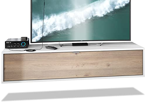 Vladon TV Board Lana 140 Hängeschrank Lowboard 140 x 29 x 37 cm, Made in Germany, Korpus in Weiß matt, Fronten in Eiche Nordic | Große Farbauswahl