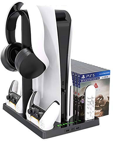 NEWZEROL Konsolenständer kompatible für PS5 mit Lüfter und Ladestation für PS5-Controller, Playstation 5 Kühlständer Vertikaler Headset-Halter, mit 15 Game-Disc-Speicher - Schwarz