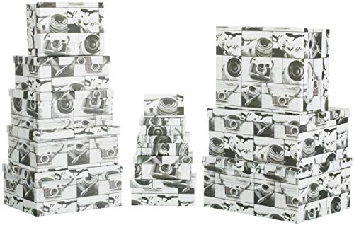 Brandsseller 13er Set Aufbewahrungsboxen mit Deckel verschiedene Größen - Geschenkboxen stabiler Karton - Kamera - Schwarz/Weiß