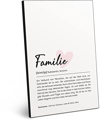 ARTFAVES® Worterklärung Familie (Handschrift) | Definition Bild als Geschenk | Holzschild mit Spruch zum Thema Familie | aus Dicker Holzplatte, benötigt keinen Rahmen
