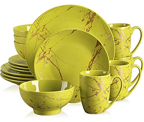 LOVECASA 'Daphne', Dinner Set, Porcelain Dinnerware Tableware, 16 Pieces Dinner Service Set for 4, Include Dinner Plate, Dessert Plate, Cereal Bowl and Mug, Green