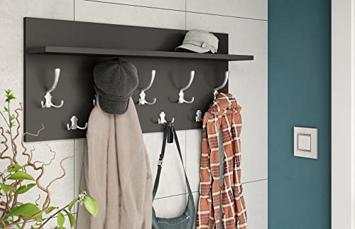 Design Garderobe Garderobenpaneel 90 x 40 cm Anthrazit matt - Edelstahloptik mit Hutablage Kleiderhaken Finlo