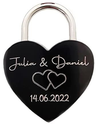 Liebesschloss Herzschloss Schwarz mit persönlicher Diamant-Gravur 1 Schlüssel Romantisches Geschenk