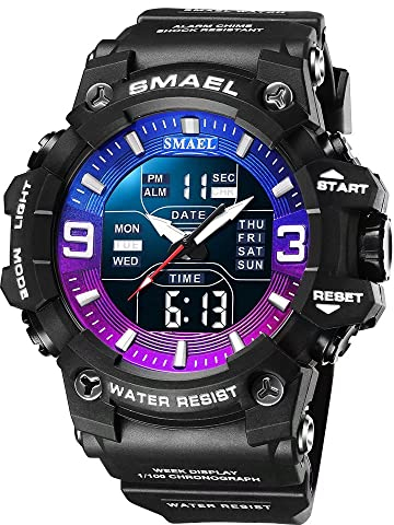 SMAEL Herren Militäruhren Outdoor Sport Uhr Wasserdicht LED Datum Alarm Digital Analog Armbanduhr für Männer, violett, blau, Large Face, Sportlich