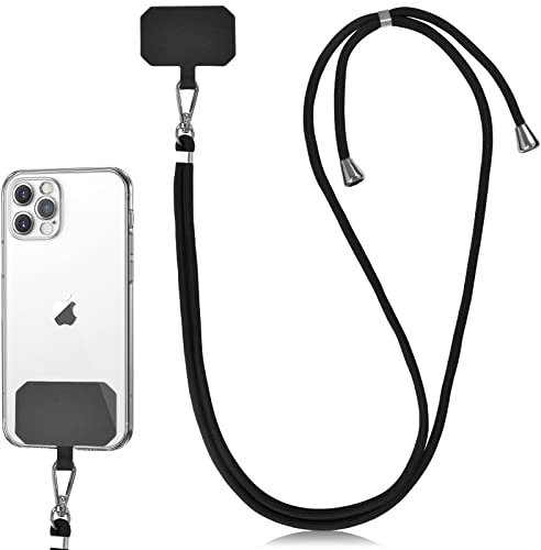 Lanière de Téléphone Portable Universelle Dragonne avec Patchs Amovible Cordon de Collier Tour de Cou en Nylon Réglable Compatibles avec Plupart des Smartphones (Noir)