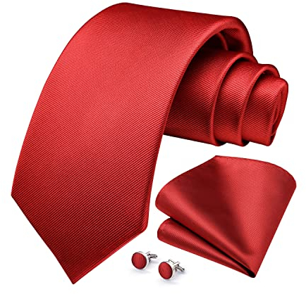 HISDERN Herren Hochzeit Rot Krawatten und Einstecktuch Solide Krawatte Manschettenknöpfe Set