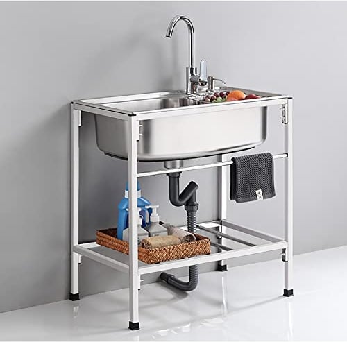 Outdoor Spültisch Edelstahl,Spüilbecken Küche,Werkstatt Spüle Standwaschbecken Waschtrog Garage Garten Camping Spülschrank Komplettspüle Mit Armatur,Praktisches Handwaschbecken Und Aufbewahrungsregal