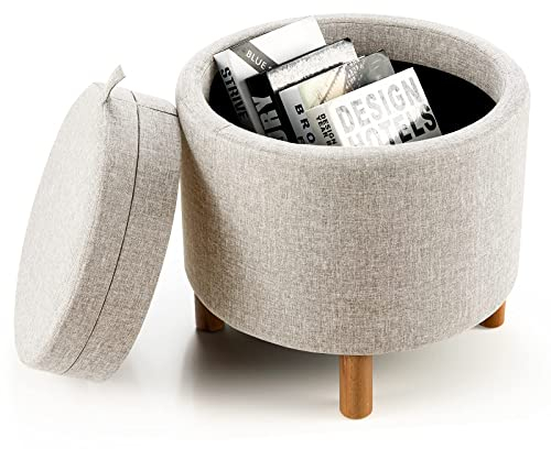 COSTWAY Linen Round Footstool, 4-in-1 Pouffe Storage Ottoman with Tray Top and Solid Wood Legs, Modern Padded Seat Footrest Vanity Stool for Living Room Bedroom Hallway (Beige)