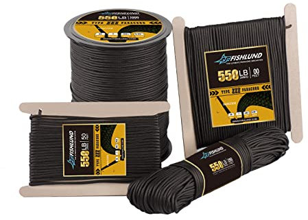 FISHLUND Paracord 550 lb, 7 Strand Type III Paracord Rope 50ft, High Strength Nylon Parachute Cord for Camping, Survival, Tactical and Hiking, Black
