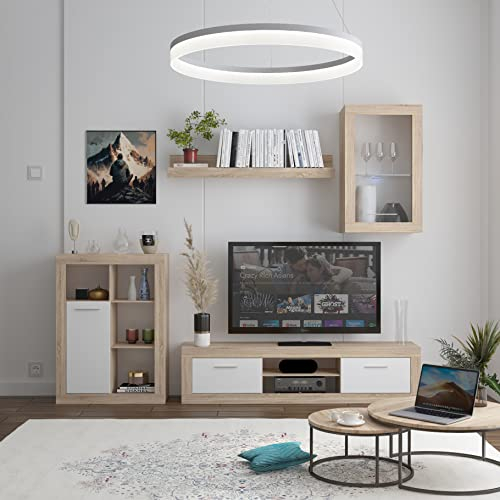 Homely - Mueble de Salón Modular - Formentera Mini 203 | Conjunto 4 Muebles | Muebles Salón Completo| Mueble para Televisión | + Mueble Bajo + Mueble Alto + Estantería Alta | Color Roble y Blanco