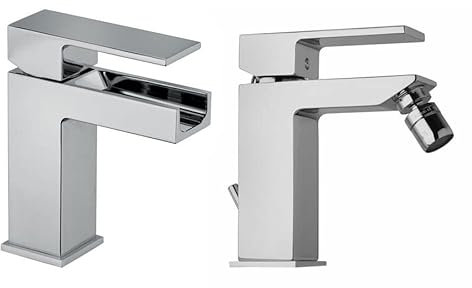 Kiamami Valentina - Rubinetti Lavabo a Cascata e Bidet | Modello Infinity | Ottone Cromato | Cartuccia in Ceramica 40mm | Piletta in ABS | Flessibile Incluso