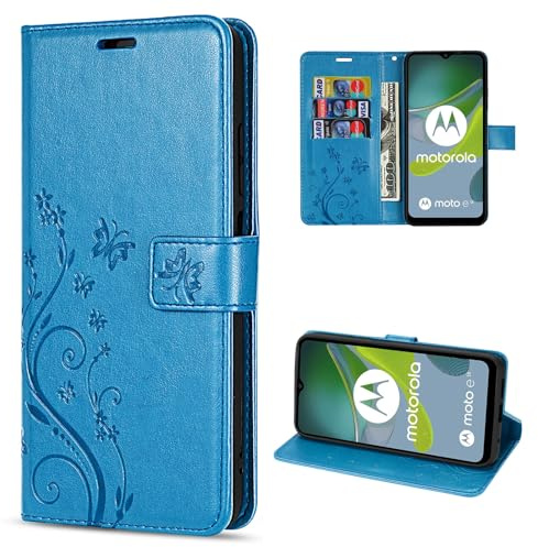 betterfon Hülle Kompatibel mit Motorola Moto E13 | Premium PU Leder Handyhülle Wallet Case für Moto E13 | Schutzhülle Blumen Klapphülle Handyhülle | Blau