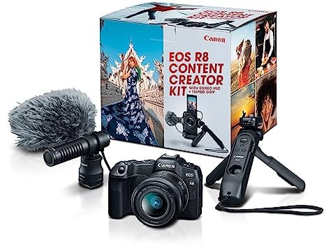 Canon EOS R8 Content Creator Kit, Full-Frame Mirrorless Camera, RF Mount, 24.2 MP, 4K Video, DIGIC X Image Processor, Compact, Lightweight, Smartphone Connection, Tripod Grip, Stereo Microphone