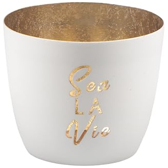 Maritimes Windlicht Baltic – Metall mit Motiv – Segelschiff, weiß, Gold | 10 x 10 x 8,5 cm – für Teelichter & Stumpenkerzen – Haus, Garten, Balkon, Terrasse – Licht- & Schattenspiele – Seaside No.64