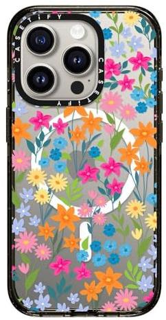 CASETiFY Impact Case for iPhone 15 Pro [4X Military Grade Drop Tested / 8.2ft Drop Protection/Compatible with Magsafe] - bright spring flowers - Clear Black
