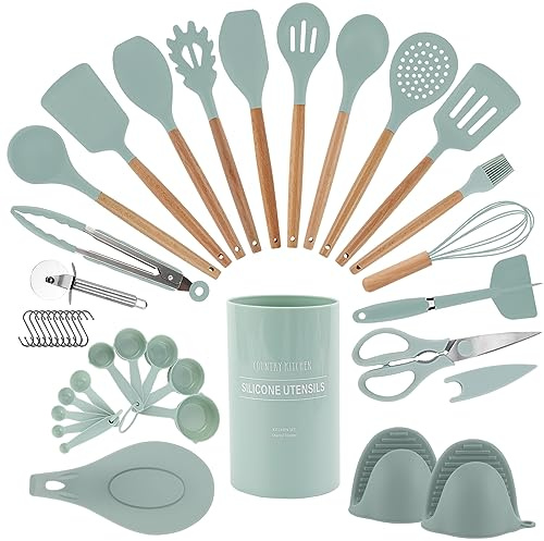 Country Kitchen Non Stick Silicone Utensil Set with Rounded Wood Handles for Cooking and Baking, 38 Piece Set, Mint