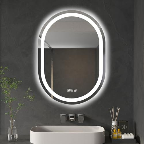 furduzz Badezimmer-LED-Spiegel oval, 500 x 700 mm, Wand-Kosmetikspiegel mit Vorder- und Hintergrundbeleuchtung, beschlagfrei, wasserdichter Smart-Spiegel, Memory-Funktion, 3 Farben stufenlos dimmbar