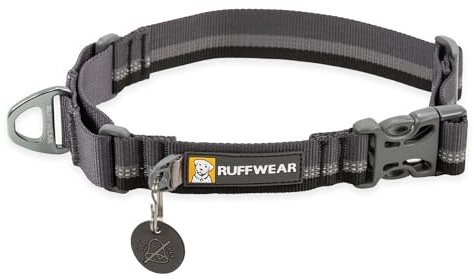 RUFFWEAR Web Reaction Hundehalsband, verstellbares Martingal-Halsband mit Aluminium-V-Ring und seitlicher Öffnung, bequemer Stoff, reflektierendes mit Schlauchlock-Gurtband Basalt Grey 11-14