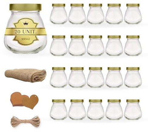 Espirito Rebelde 20 Pots en Verre 300ml avec Couvercle + 20 Bandes de Tissu de Jute + 20 Éttiquetes Kraft + Ficelle de Jute | Pot pour Tartinades, Confiture, Beurre de Cacahuète, Pâté, Épices