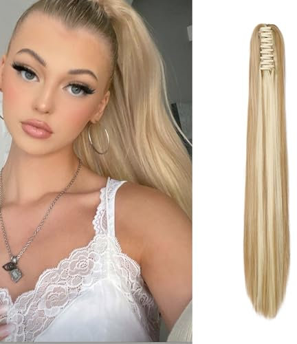 Dcbaboo Pferdeschwanz Haarteil Zopf Extension mit Klammer Glatt Lang Ponytail Extensions Haarverlängerung Clip Synthetik Gerade Pferdeschwanz Haarextension Zopf, 55cm Sandy Blonde & Bleichblond