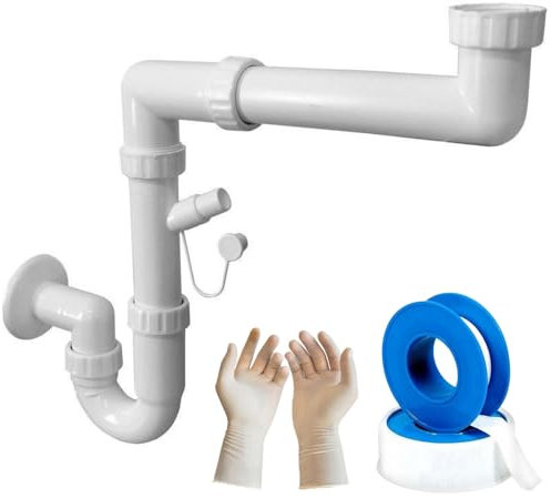 Parpyon® Sifone Lavabo Bagno Sifone Lavello Cucina Tubo scarico lavandino Antiodore, Flessibile Rubinetto miscelatore Prolunga tubo filettato + nastro e guarnizione (Sifone Cucina 1V-SMALL)