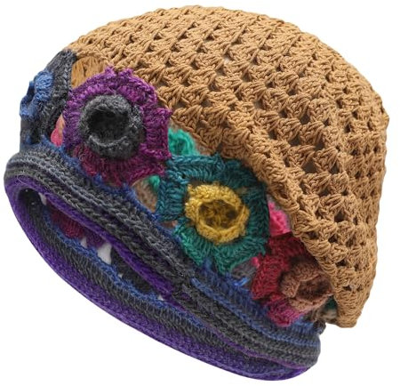 ZLYC Damen Sommer Strickmützen Handgemacht Häkelmütze Slouch Beanie Mütze(Bunte Blume Glänzend Braun),Einheitsgröße