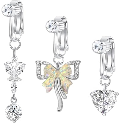 Besyvvin Clip Faux Piercing Nombril Anneau Acier Chirurgical Faux Fake Piercing Nombril Diamant Coeur Papillon Dangle Faux Bijoux De Piercing pour Le Ventre