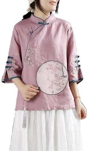 Style Chinois Rétro Coton Lin Haut Femmes Grande Taille Coupe Ample Chemise Exquise Broderie Traditionnelle Hanfu Blouse (Color : Purple, Size : 4XL)