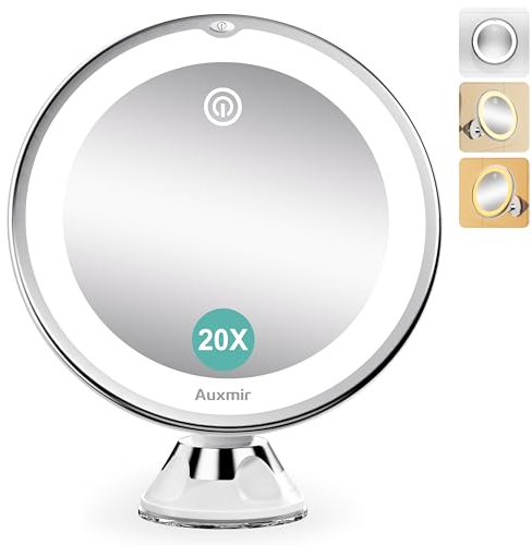 Auxmir Espejo Maquillaje con Luz 20X para Pared, Espejo Aumento Ventosa, Giratorio 360, 3 Colores de Luz, Táctil, Portátil para Ducha Pared Baño, Afeitar Depilar Cejas, Redondo