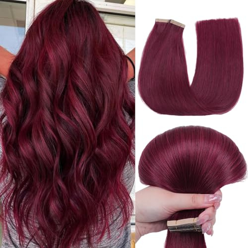 HotLulana Tape Extensions Echthaar Rot(#99J) Extensions Echthaar 18zoll/45cm 40g Invisible 100% Natürliche Tape in Extensions Echthaar 20pcs Skin Weft Extensions Echthaar Tape.