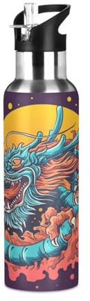 Niigeu Dinosaure Animal Dragon Vintage Bouteille d'eau Isotherme avec Paille en Acier Inoxydable Gourde, Sans BPA Gourdes Eau pour Enfant Sport Randonnée École Bureau (600ml/1L)